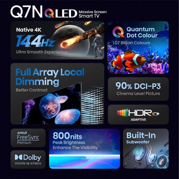 هايسينس 100 انش 4K 144Hz QLED VIDAA دولبي اتموس HDR VRR برو مصفوفة كاملة تعتيم محلي، دولبي فيجن، فري سينك، مضخم صوت، يوتيوب نتفليكس ديزني+ شاهد Q7N ضمان لمدة عامين