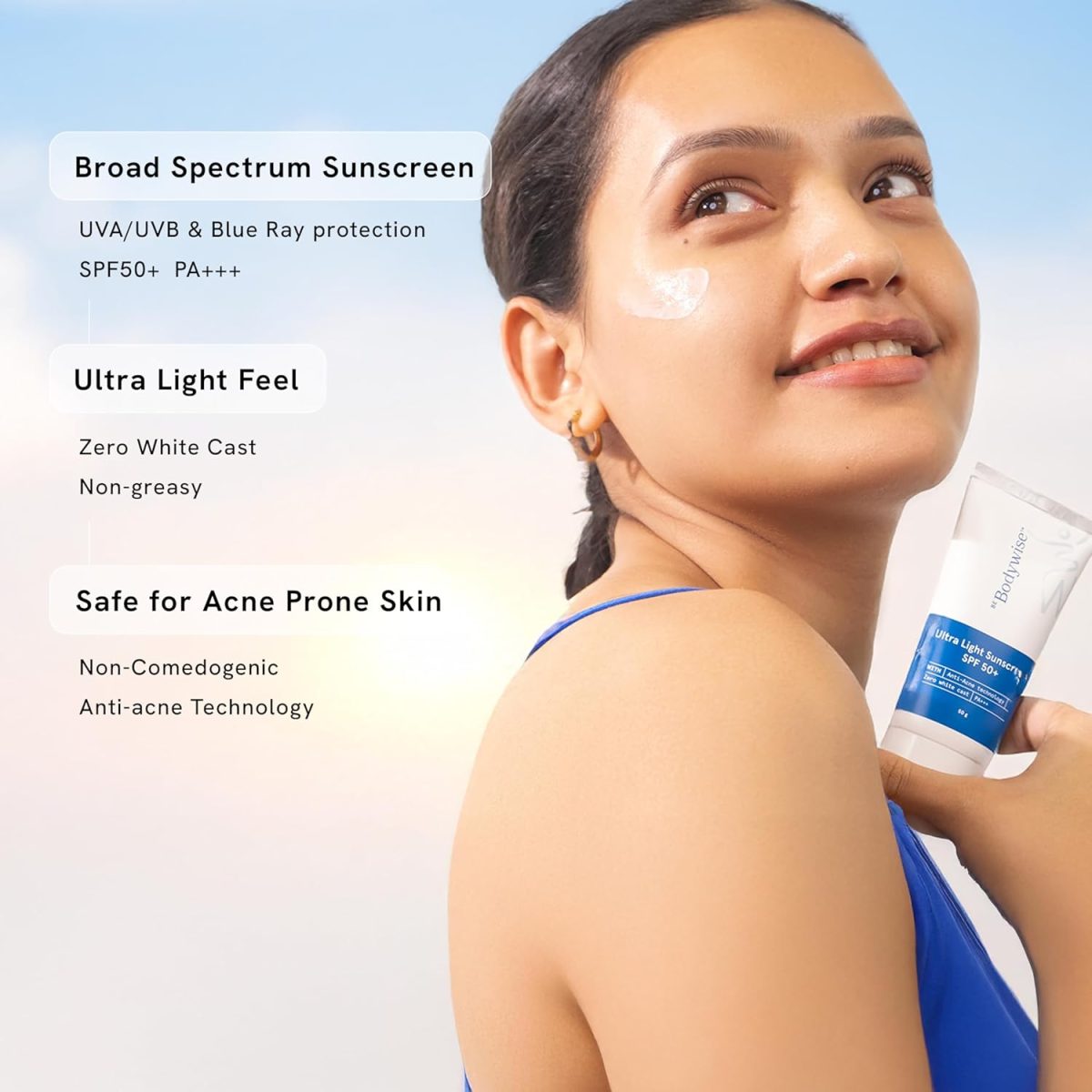 ⁦Be Bodywise Ultra Light Sunscreen SPF 50 PA+++ for Oily, Dry, Acne-prone Skin | Broad Spectrum Protection & Blue Light Protection | No White Cast | Non-Greasy | Korean Anti-Acne Technology | Water⁩ - الصورة ⁦4⁩