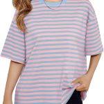 هالو مونينغ تي شيرت مخطط باكمام قصيرة للبنات الصغيرات، بلايز صيفية كبيرة الحجم كاجوال برقبة دائرية ضيقة لعمر 5-14 سنة