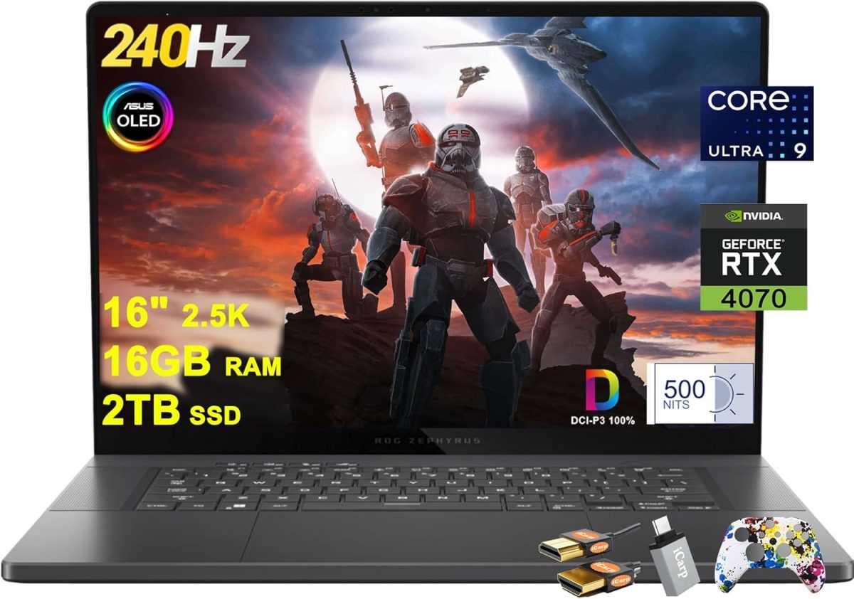 اسس لابتوب روج زيفيروس G16 للالعاب 16 انش 2.5k 2560x1600 OLED 240Hz (DCI-P3 100% 500nits G-SYNC) انتل 16 كور الترا 9 185H 16GB RAM 2TB SSD جيفورس RTX 4070 اضاءة خلفية ثاندربولت ويندوز 11 مع موزع ICP