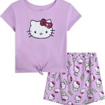 هيلو كيتي طقم تنورة للبنات - قطعتان من بلوزة برقبة دائرية ضيقة وشورت قصير (مقاسات: 2T-12)، مقاس 8-10، قطة بيضاء وارجوانية، قطة بيضاء وارجوانية، قطة بيضاء وارجوانية، 8-10