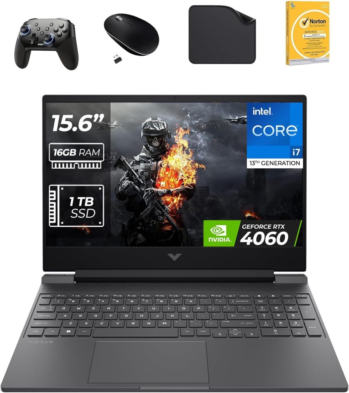 HP لابتوب العاب فيكتوس 15.6 انش بمعالج انتل i7-13620H الجيل 13 وبطاقة عرض مرئي RTX 4060 8GB وذاكرة RAM DDR4 سعة 16GB وSSD 1TB وويندوز 11 برو (يتضمن وحدة تحكم الالعاب + ماوس + مضاد للفيروسات + قاعدة