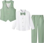 LOLANTA 4 Pieces Elegant Ceremony Set for Children, Boys Wedding Baptism Dress, Linen Suit Set, Vest+Trousers+Shirt+Bow Tie