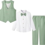 LOLANTA 4 Pieces Elegant Ceremony Set for Children, Boys Wedding Baptism Dress, Linen Suit Set, Vest+Trousers+Shirt+Bow Tie