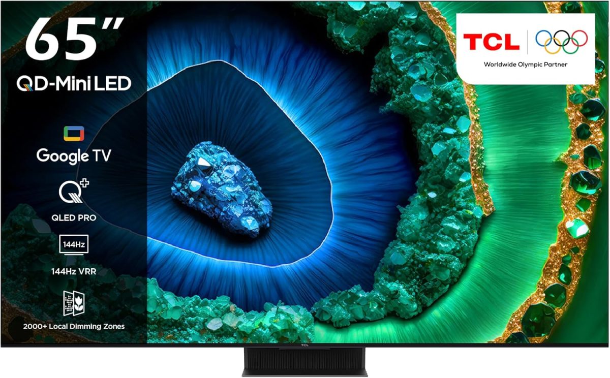 TCL تلفزيون ذكي 65 بوصة 4K QD-Mini LED HDR جوجل تي في 3300 وحدة مضيئة في البكسل، اونكيو 2.2.2 قناة، 144Hz VRR+240Hz DLG، تعزيز ايماكس، تصميم نحيف للغاية 65C855- (موديل 2024)، اسود