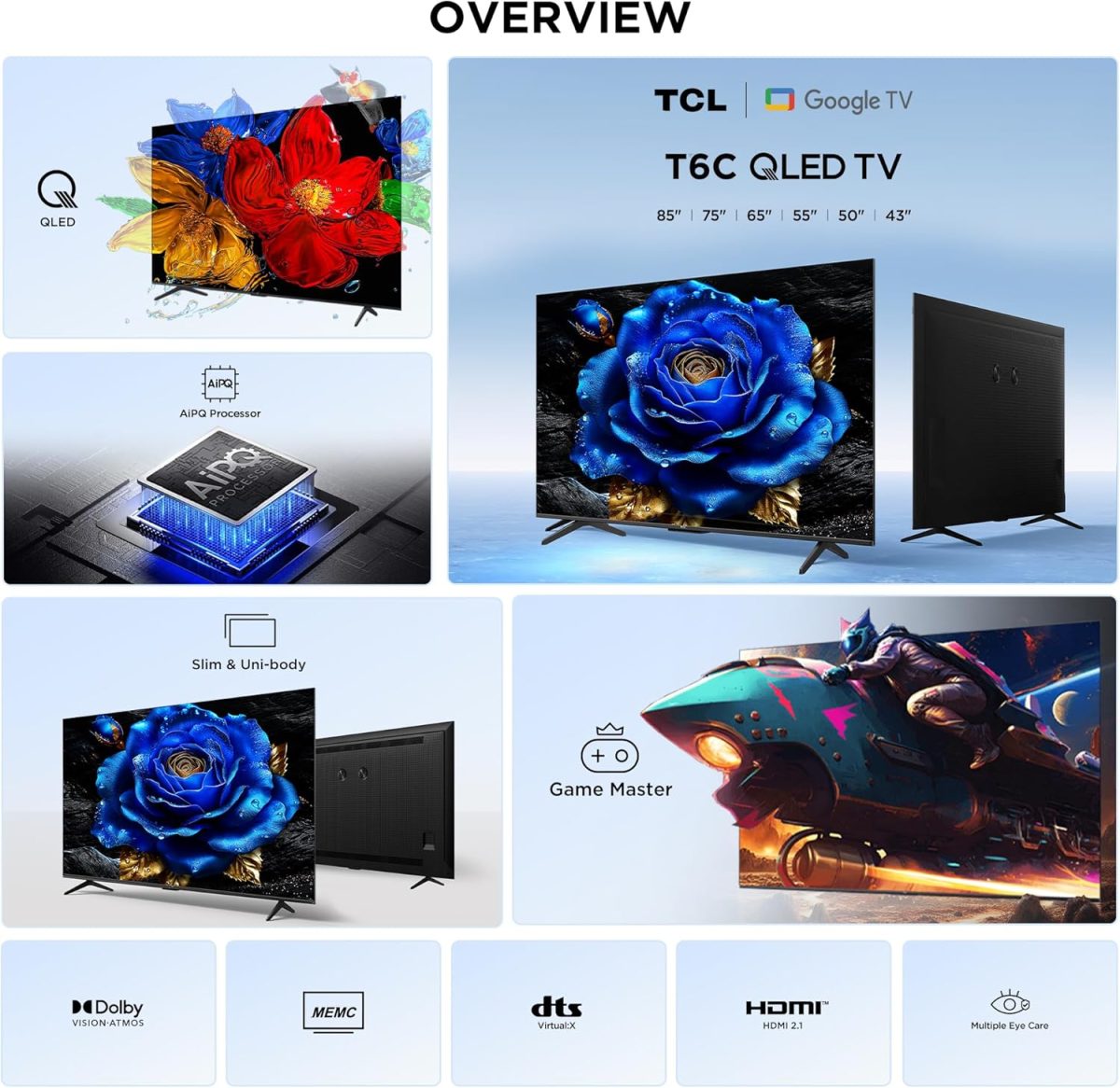 ⁦TCL تلفزيون ذكي 65 بوصة 4K QLED ملون كوانتوم كريستال HDR 10+ للالعاب، جوجل تي في ودولبي فيجن اتموس ودي تي اس فيرتشوال اكس وام ام ام سي وتحكم صوتي جيم ماستر بتصميم نحيف - 65T6C (موديل 2025)⁩ - الصورة ⁦2⁩