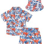 سيور طقم ملابس صيفية هاواي للاطفال الصغار من الاولاد والبنات مكون من قميص بازرار امامية وشورت وقبعة مطبوعة بنمط الشاطئ 3-12 سنة من 3 قطع