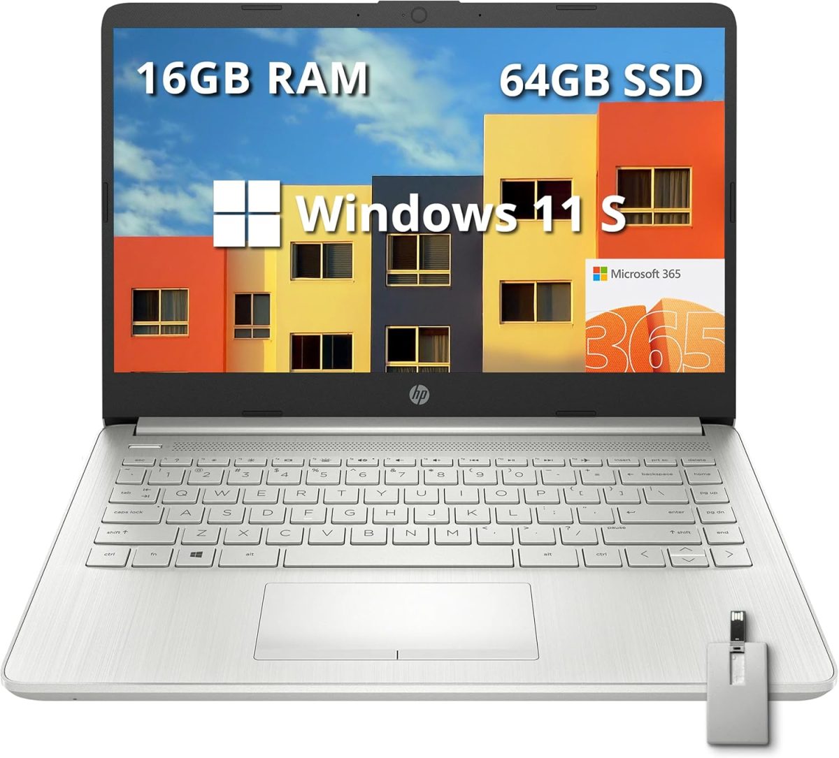 HP لابتوب ستريم 2022 بشاشة HD 14 انش ومعالج AMD اثلون سيلفر 3050U وRAM 16GB وSSD 512GB وكاميرا ويب HD 720p وبطاقة رسومات AMD راديون وبلوتوث وويندوز 10 هوم، فضي، بطاقة USB سنوبيل 32GB