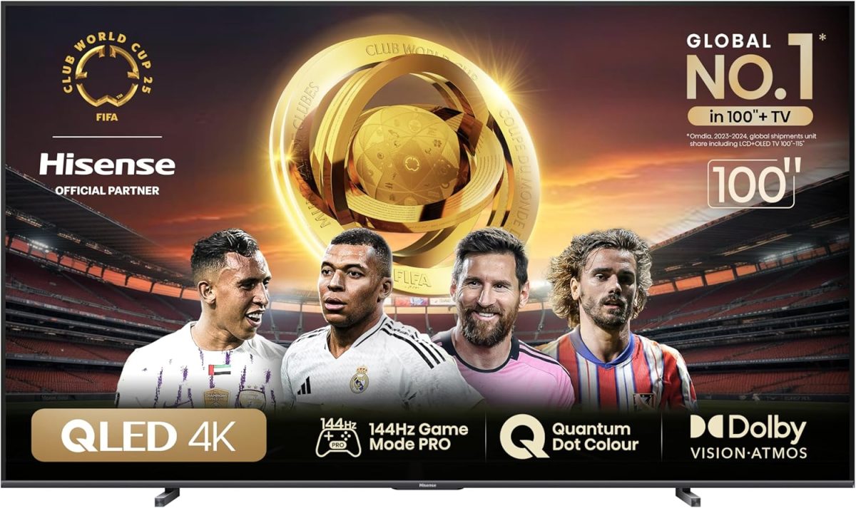 هايسينس تلفزيون ذكي QLED 100 بوصة 144Hz 100E7N - لون كوانتوم دوت ومضخم صوت مدمج ودولبي فيجن اتموس ووضع صانع الأفلام ويوتيوب ونتفليكس وشاهد وديزني بلس (2025 جديد)