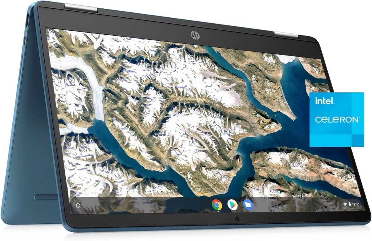 HP كروم بوك X360 بشاشة لمس HD مقاس 14 انش ومعالج انتل سيليرون N4120 وذاكرة RAM 4GB وبطاقة ذاكرة اي ام ام سي 64GB وبطاقة رسومات انتل UHD 600، لون اخضر مزرق، نظام تشغيل كروم، 14a-ca0790wm