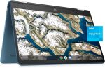 HP كروم بوك X360 بشاشة لمس HD مقاس 14 انش ومعالج انتل سيليرون N4120 وذاكرة RAM 4GB وبطاقة ذاكرة اي ام ام سي 64GB وبطاقة رسومات انتل UHD 600، لون اخضر مزرق، نظام تشغيل كروم، 14a-ca0790wm