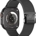 يو بيك سوار متوافق مع ساعة ابل الترا 2/الترا 49 ملم، سوار حلقي شبكي من الستانلس ستيل مع ابزيم بنمط المظلات لساعة ابل سلسلة 10 46 ملم، 9/8/7 45 ملم، SE2/SE/6/5/4 44 ملم، 3/2/1 42 ملم