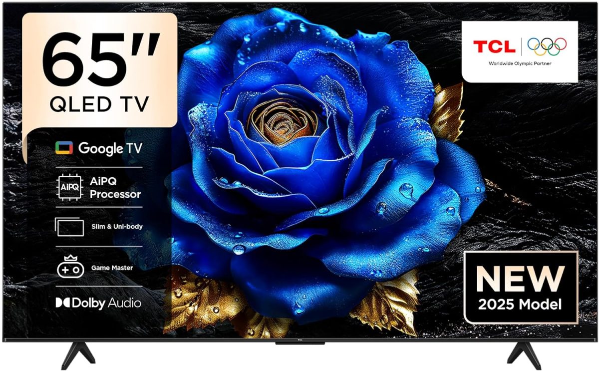 TCL تلفزيون ذكي 65 بوصة 4K QLED ملون كوانتوم كريستال HDR 10+ للالعاب، جوجل تي في ودولبي فيجن اتموس ودي تي اس فيرتشوال اكس وام ام ام سي وتحكم صوتي جيم ماستر بتصميم نحيف - 65T6C (موديل 2025)