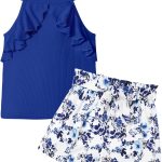 ميجو طقم ملابس صيفية للبنات برقبة برباط مكشكشة بدون اكمام وشورت بحزام مزين بالزهور من قطعتين مقاس 6-12