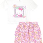 هيلو كيتي طقم مكون من تيشرت وتنورة للبنات من قطعتين