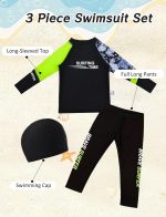⁦Happy Cherry Boys Three Piece Rash Guard Swimsuits with Hat Kids Long Sleeve Sunsuit Swimwear Sun Protection Bathing Suit⁩ - الصورة ⁦5⁩