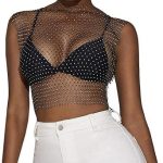 بلوزة نسائية مثيرة من حجر الراين بدون أكمام شبكية شفافة من خلال بلوزة قصيرة مجوفة بدون أكمام للمهرجانات