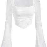 تي شيرت نسائي قصير بأكمام طويلة وقبة مربعة وحافة مكشكشة من جورجليتر