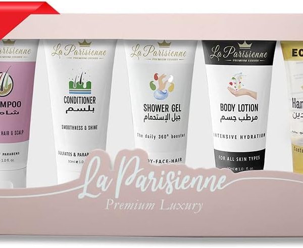 صندوق مطهر فاخر للسفر من ايكوليت بلس - 30 مل من 5 انابيب (شامبو وبلسم وجل استحمام ولوشن للجسم ومعقم اليدين) لجميع انواع البشرة | سلة هدايا للجنسين لجميع المناسبات الاحتفالية.