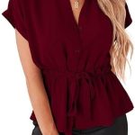 بلوزة نسائية بازرار امامية واكمام قصيرة بتصميم بيبلوم، قمصان صيفية انيقة للعمل والمكتب، بلوزة ضيقة عند الخصر