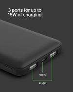 ⁦باور بانك محمول 10000 مللي امبير في الساعة من بيلكن، شاحن محمول USB-C 10K مع منفذ USB-C ومنفذي USB-A وبطارية شحن تصل الى 15 واط لاجهزة ايفون وسامسونج جالكسي وايربودز وايباد وغيرها - اسود⁩ - الصورة ⁦9⁩