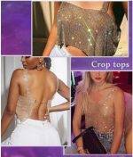 ⁦Rhinestones Tank Top Black Sparkly Crystal Halter Metal Body Chain Crop Top Shirts Summer Beach Accessories⁩ - الصورة ⁦4⁩