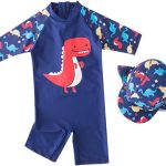 بدلة سباحة للاطفال الاولاد من قطعة واحدة للحماية من الطفح الجلدي، بدلة سباحة بسحاب مع قبعة لركوب الامواج بعامل حماية من الاشعة فوق البنفسجية 50+