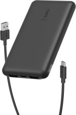 باور بانك محمول 10000 مللي امبير في الساعة من بيلكن، شاحن محمول USB-C 10K مع منفذ USB-C ومنفذي USB-A وبطارية شحن تصل الى 15 واط لاجهزة ايفون وسامسونج جالكسي وايربودز وايباد وغيرها - اسود