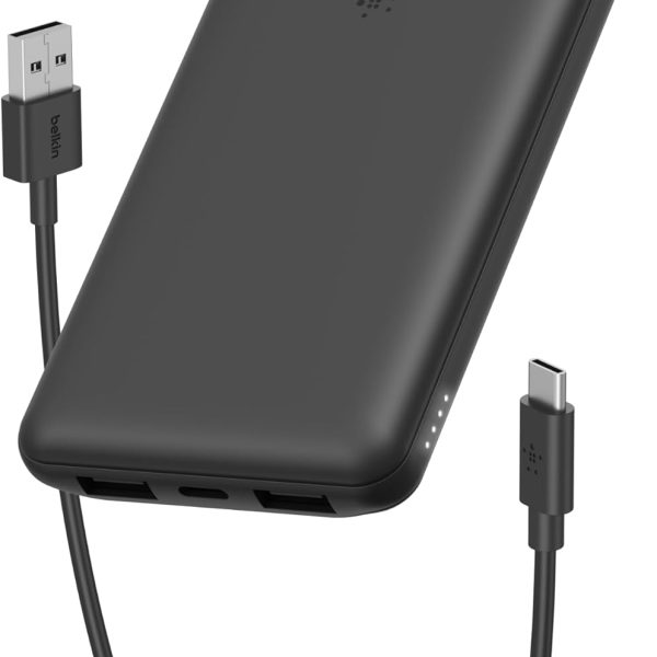باور بانك محمول 10000 مللي امبير في الساعة من بيلكن، شاحن محمول USB-C 10K مع منفذ USB-C ومنفذي USB-A وبطارية شحن تصل الى 15 واط لاجهزة ايفون وسامسونج جالكسي وايربودز وايباد وغيرها - اسود