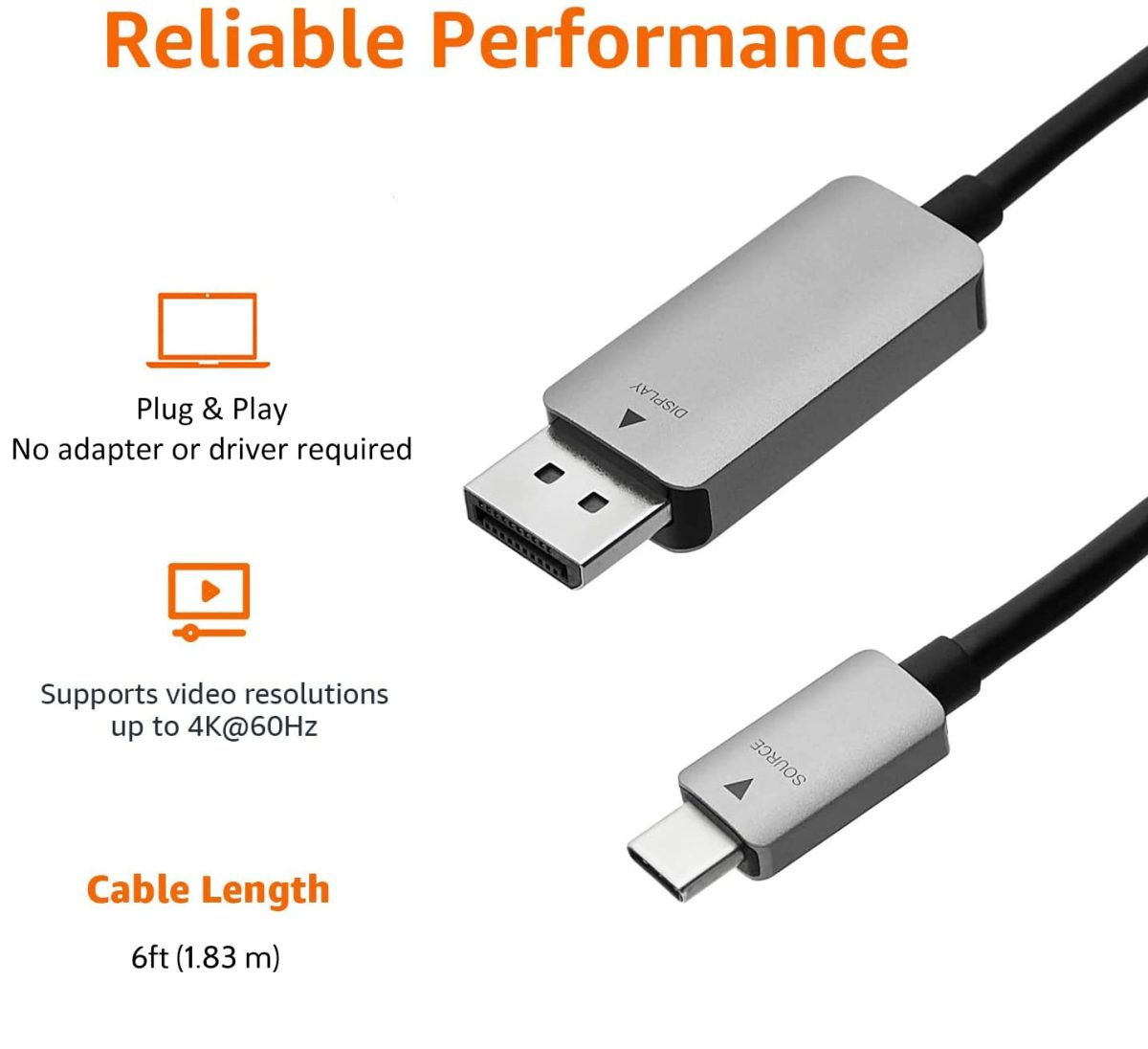 ⁦كيبل من USB سي إلى منفذ العرض مصنوع من الالومنيوم من امازون بيسكس - 6 قدم⁩ - الصورة ⁦4⁩