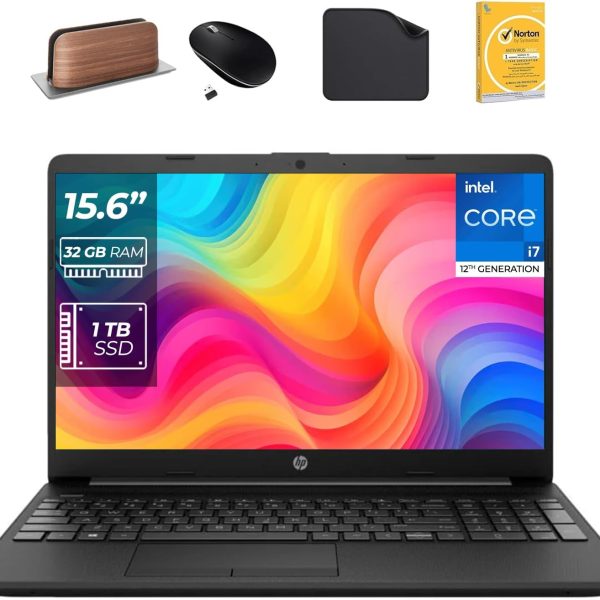 HP لابتوب 15.6 انش الجيل 12 كور i7-1255U وذاكرة RAM 32GB وSSD 1TB وويندوز 11 برو وشاشة FHD وكاميرا ويب وواي فاي (يتضمن حامل لابتوب الموجة الاولى + ماوس + مضاد للفيروسات + قاعدة ماوس) 15s-fq5035ny