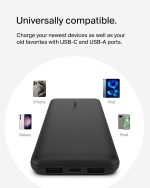 ⁦باور بانك محمول 10000 مللي امبير في الساعة من بيلكن، شاحن محمول USB-C 10K مع منفذ USB-C ومنفذي USB-A وبطارية شحن تصل الى 15 واط لاجهزة ايفون وسامسونج جالكسي وايربودز وايباد وغيرها - اسود⁩ - الصورة ⁦8⁩