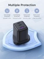 ⁦يوجرين شاحن ايفون 16 برو ماكس 30 واط، شاحن ايفون سريع 3 منافذ جان نوع سي (2 USB C + 1 USB A)، 4 حماية امنية، اصغر بنسبة 38% من الاصلي، محول USB C لايفون 16 برو وسامسونج وايباد⁩ - الصورة ⁦6⁩