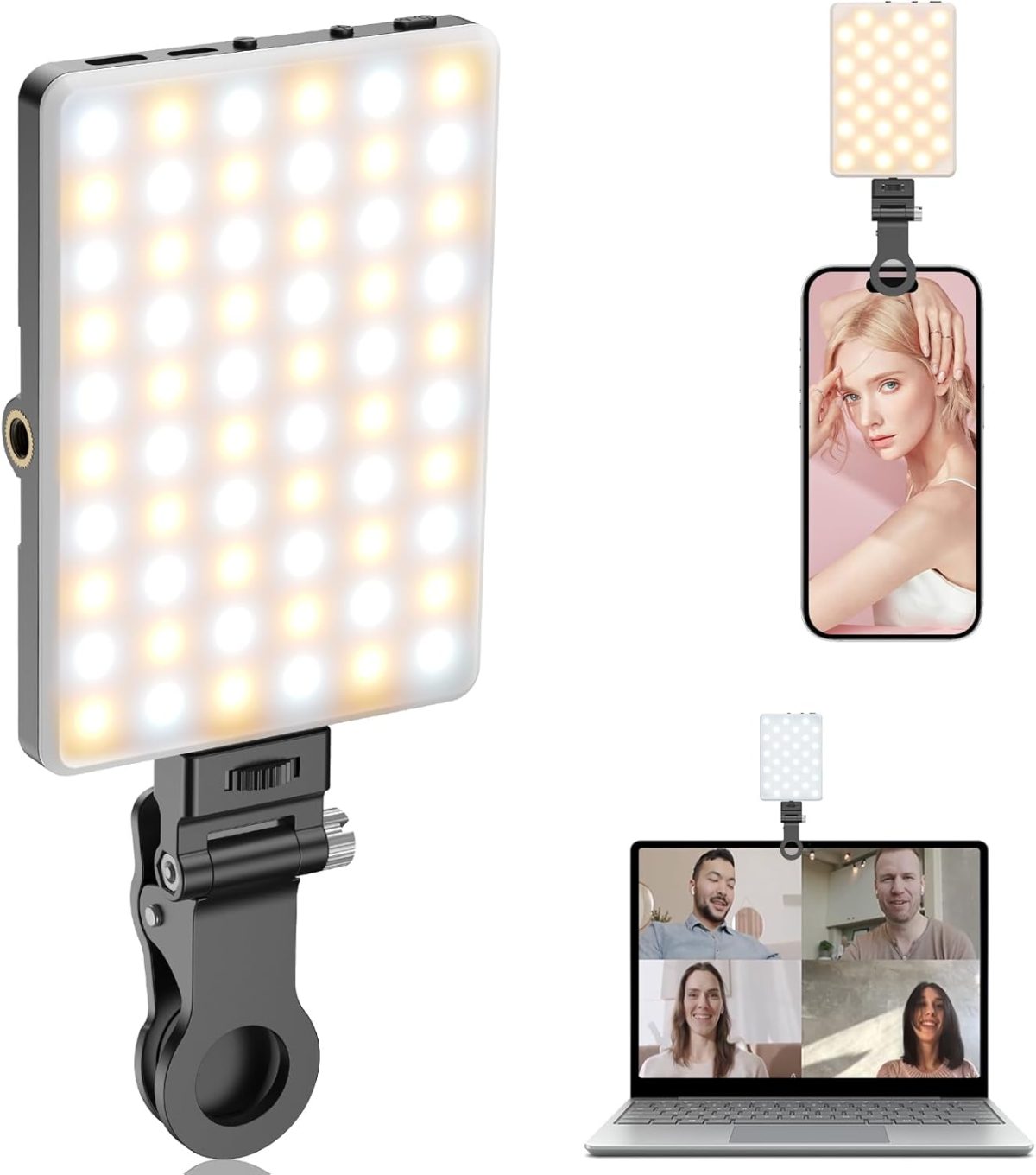 تونوف مصباح سيلفي محمول 60 LED، مصباح USB قابل لاعادة الشحن مع مشبك وفتحة برغي مزدوجة 1/4 انش، 2500-9000 كلفن قابل للتعتيم للجوال واللابتوب والتابلت والكاميرا لصور السيلفي ومؤتمرات الفيديو - اسود