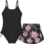 بدلة سباحة للبنات من ميانوبي من قطعة واحدة بدون اكمام مع تنورة بطبعة استوائية، ملابس سباحة للبنات بعمر 9-16 سنة