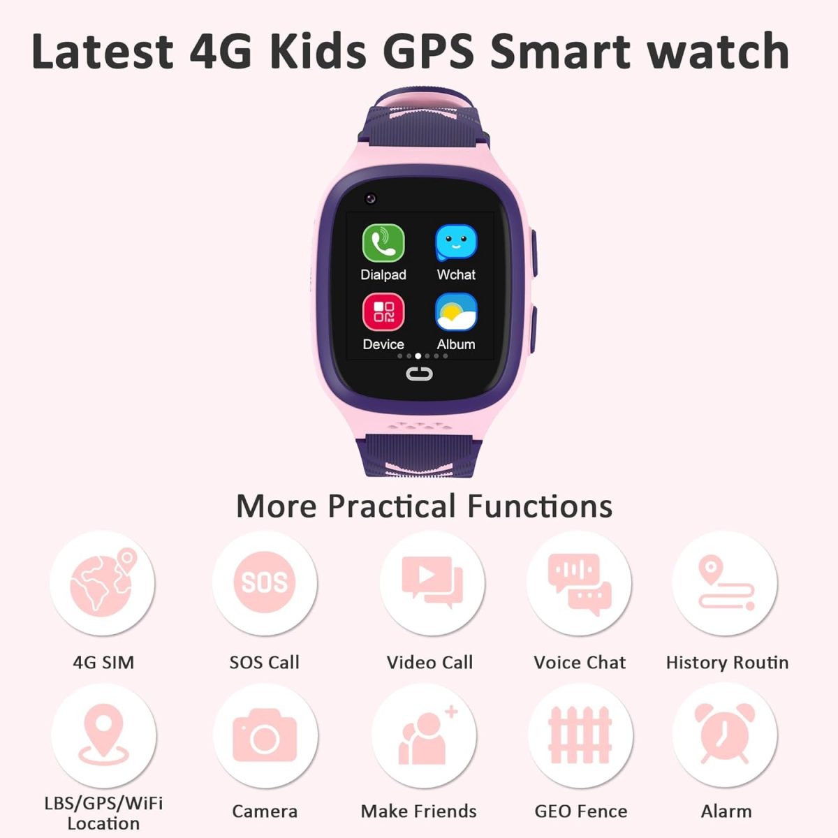 ⁦ساعة ذكية للاطفال من الجيل الرابع للبنات مع متتبع GPS ومكالمات فيديو للاطفال من سن 5 الى 12 سنة، ساعة ذكية بمفتاح واحد لمكالمات اس او اس وكاميرا دردشة صوتية ومنبه وشاشة تعمل باللمس، هدية للاطفال⁩ - الصورة ⁦2⁩