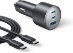 انكر شاحن سيارة 167.5 واط بحد اقصى 3 منافذ، محول سيارة USB-C لماك بوك برو/اير، سلسلة ايفون 16/15/14، سامسونج S24/S23، ايباد، هواوي، شاومي، فيفو واوبو (كيبل USB-C الى C متضمن)