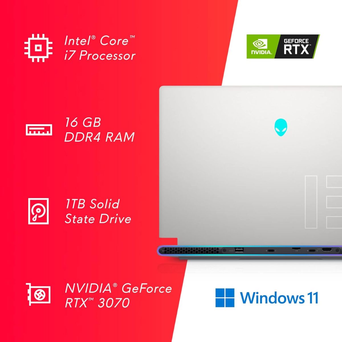 ⁦الينوير لابتوب العاب X15R1، شاشة 15.6 انش FHD (1920x1080) 360Hz 1 مللي ثانية، معالج انتل كور i7-11800H، ذاكرة RAM DDR4 16GB، SSD 1TB، انفيديا جيفورس RTX 3070 DDR6، ويندوز 11 هوم، ضوء القمر⁩ - الصورة ⁦6⁩