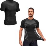 تي شيرت رجالي باكمام قصيرة للتخسيس والتشكيل، قميص ضغط، يمتص العرق واللياقة البدنية، مريح للبشرة الفاتحة، تصميم مخطط ضيق، صيفي صغير قبة دائرية واكمام قصيرة، للياقة البدنية للرجال - اسود