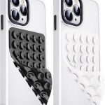 جراب موبايل من السيليكون بقاعدة تثبيت بالشفط - حامل موبايل مزدوج الجوانب، حامل قبضة قوي بدون استخدام اليدين لصور السيلفي ومقاطع الفيديو، حامل جوال من السيليكون (اسود وابيض)