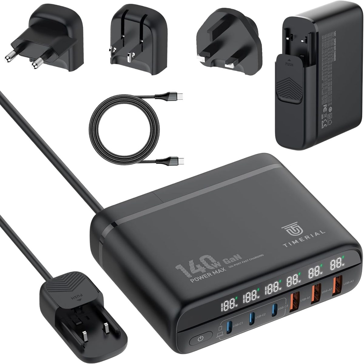 تايمريال محطة شحن سريع للسفر 140 واط جان 3 نوع C و3 USB، قابس قابل للفصل للسفر الدولي الولايات المتحدة/المملكة المتحدة/الاتحاد الأوروبي، شحن للابتوب والتابلت والهاتف الذكي، شاشة LED، كابل تمديد 1.5