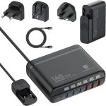 تايمريال محطة شحن سريع للسفر 140 واط جان 3 نوع C و3 USB، قابس قابل للفصل للسفر الدولي الولايات المتحدة/المملكة المتحدة/الاتحاد الأوروبي، شحن للابتوب والتابلت والهاتف الذكي، شاشة LED، كابل تمديد 1.5