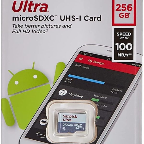 سانديسك بطاقة الترا Microsdxc Uhs 1 سعة 256 جيجابايت 100 ميجابايت/ثانية رمادي -Sdsqunr-256G-Gn3Mn، رمادي