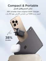 ⁦يوجرين شاحن ايفون 16 برو ماكس 30 واط، شاحن ايفون سريع 3 منافذ جان نوع سي (2 USB C + 1 USB A)، 4 حماية امنية، اصغر بنسبة 38% من الاصلي، محول USB C لايفون 16 برو وسامسونج وايباد⁩ - الصورة ⁦4⁩