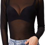 بلوزة نسائية شفافة برقبة مفتوحة قابلة للتمدد وقصة ضيقة واكمام طويلة