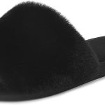 شبشب من الفرو الصناعي للنساء بتصميم زغبي مسطح ومنفوش ومفتوح عند الاصابع للاستخدام في الاماكن المغلقة والمفتوحة، صندل سهل الارتداء من الميموري فوم