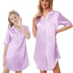 Schbbbta Girls & Women Silk Nightgown, Short Sleeve Button Down Satin Nightshirt Pajama House Dress, 3 Years- Women 2XL