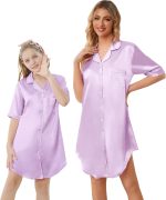Schbbbta Girls & Women Silk Nightgown, Short Sleeve Button Down Satin Nightshirt Pajama House Dress, 3 Years- Women 2XL