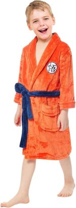 ⁦Fehodun Son Goku Costume Anime Cosplay Pyjamas Robes Soft Plush Long Bathrobes Orange Pyjamas Bathrobe for Children⁩ - الصورة ⁦5⁩