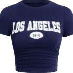 تي شيرت نسائي مطبوع عليه حروف وأكمام قصيرة ورقبة دائرية ضيقة وقصة ضيقة من جورجليتر